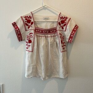 Madewell Cream Blouse with Red Embroidery